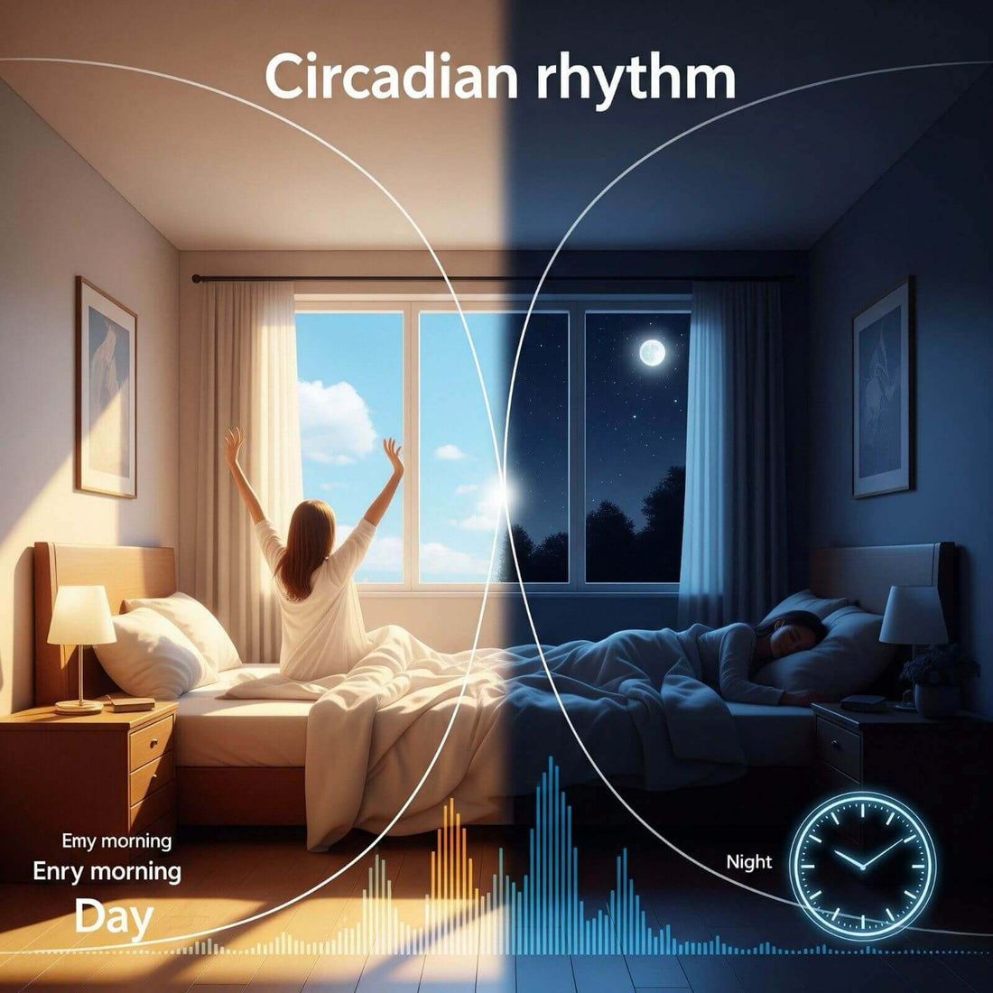 Illustration of circadian rhythm showing day and night, highlighting sleep patterns and wakefulness.