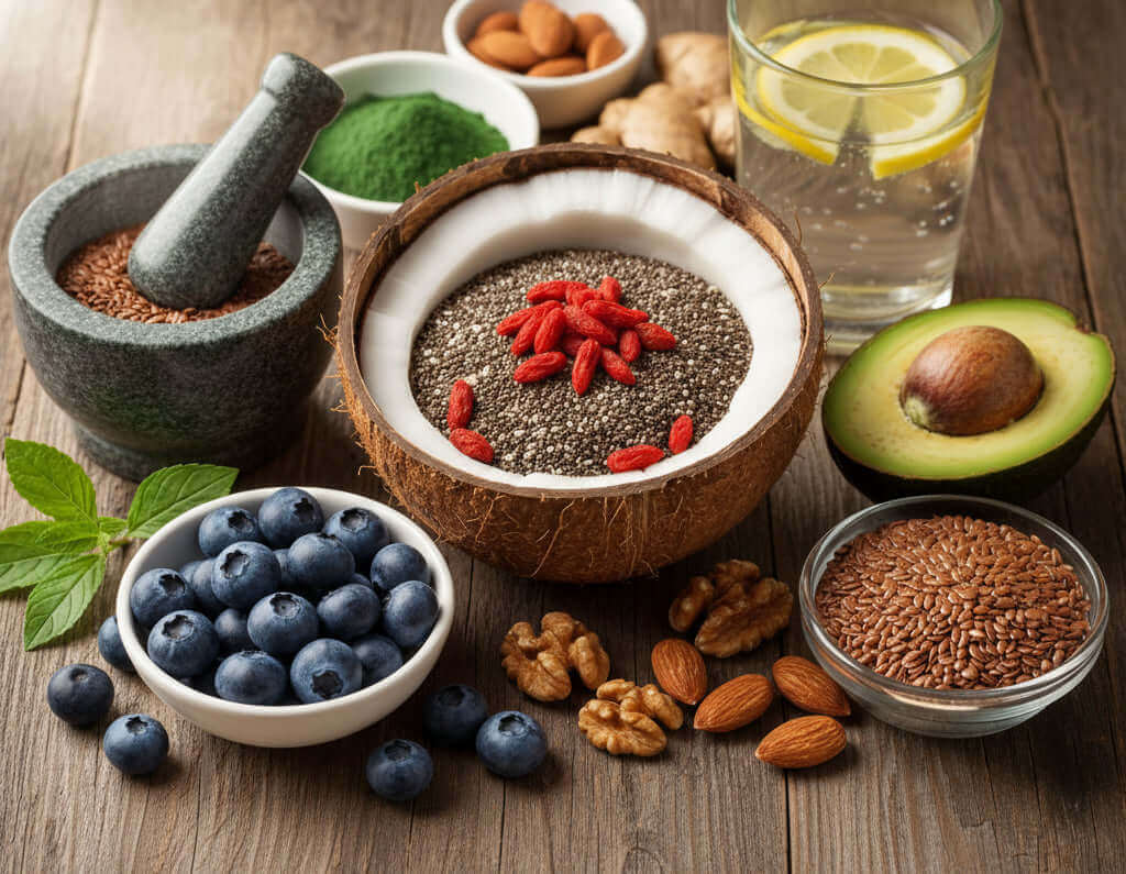 fame nervosa natural substances to manage hunger with nuts, berries, and superfoods arranged on a wooden table.