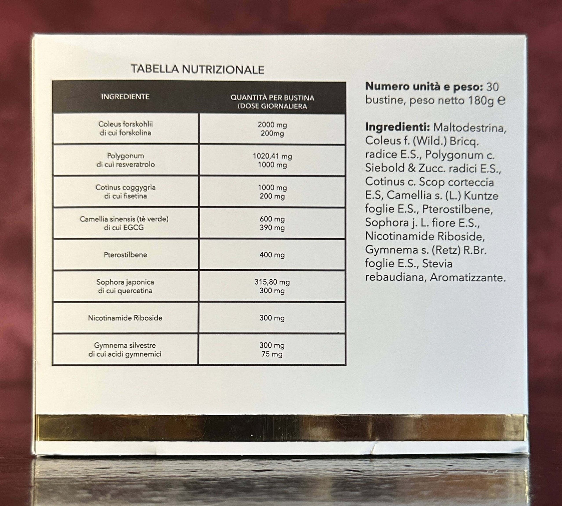 Tabella delle informazioni nutrizionali per l'integratore SIRTPRO élite che mostra ingredienti e dosaggi.