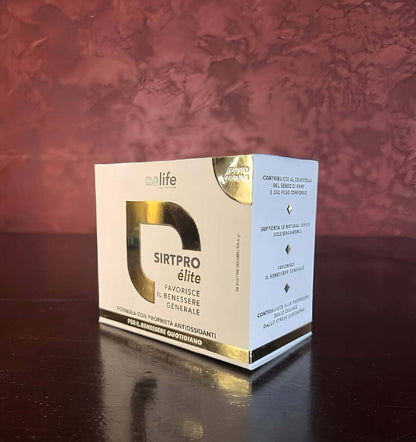 Confezione di integratore alimentare SIRTPRO élite con Polidatina e Quercetina per il benessere generale.